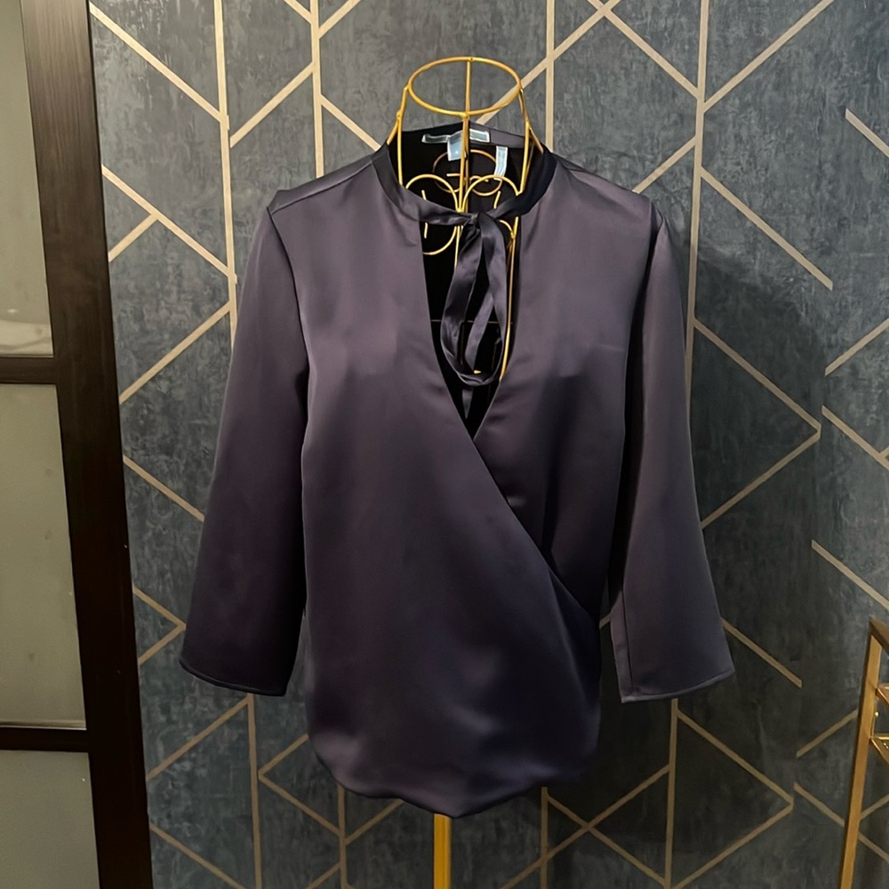 Navy Ribbon Tie Neck Navy Silk Blouse